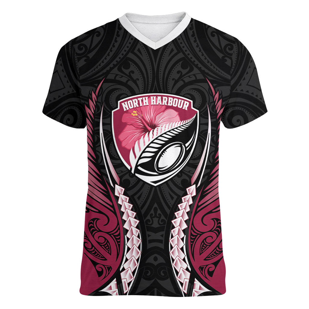 North Harbour 2026 Rugby Custom Women V-Neck T-Shirt NZ Maori Silver Fern LT14 Female Maroon - Polynesian Pride