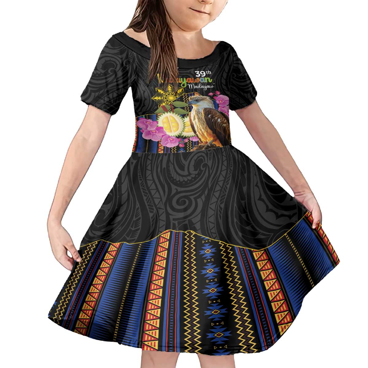 Kadayawan Philippines Family Matching Off The Shoulder Long Sleeve Dress and Hawaiian Shirt Filipino Eagle Happy 39th Anniversary LT14 Daughter's Dress Black - Polynesian Pride