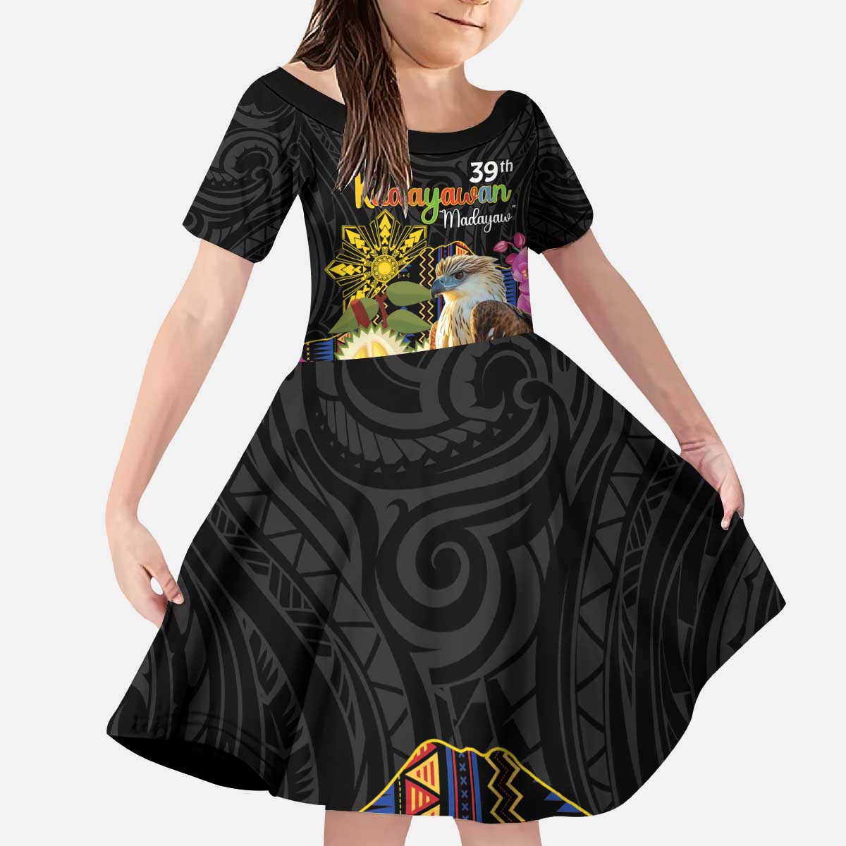 Kadayawan Philippines Kid Short Sleeve Dress Filipino Eagle Happy 39th Anniversary LT14 KID Black - Polynesian Pride