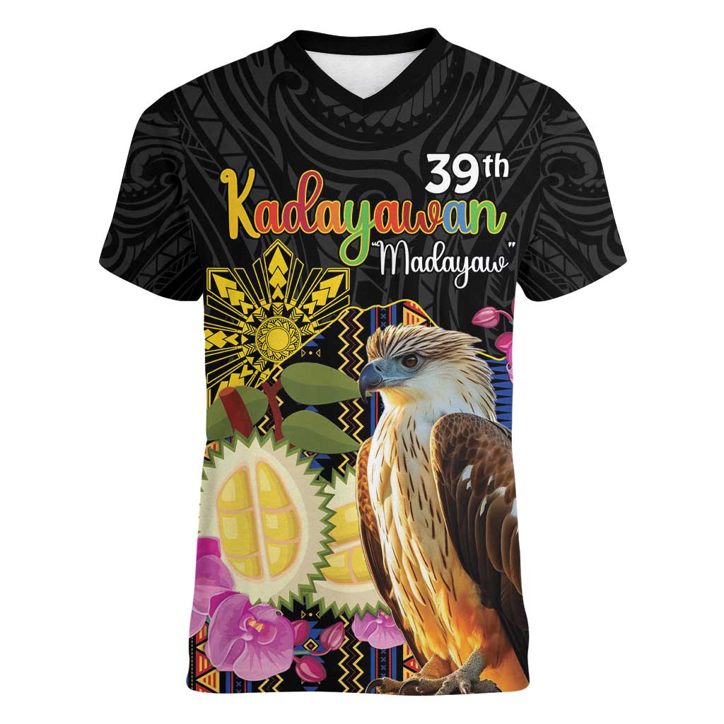 Kadayawan Philippines Women V-Neck T-Shirt Filipino Eagle Happy 39th Anniversary LT14 Female Black - Polynesian Pride