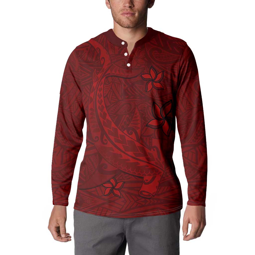 Oxblood Polynesia Button Sweatshirt Hawaiian Tribal Hammerhead Shark Tattoo
