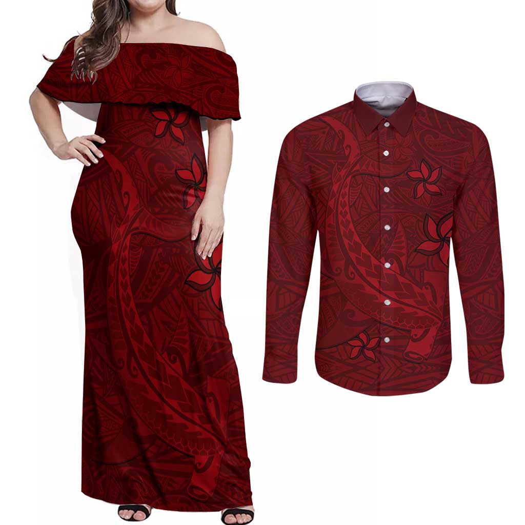 Oxblood Polynesia Couples Matching Off Shoulder Maxi Dress and Long Sleeve Button Shirt Hawaiian Tribal Hammerhead Shark Tattoo