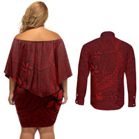 Oxblood Polynesia Couples Matching Off Shoulder Short Dress and Long Sleeve Button Shirt Hawaiian Tribal Hammerhead Shark Tattoo