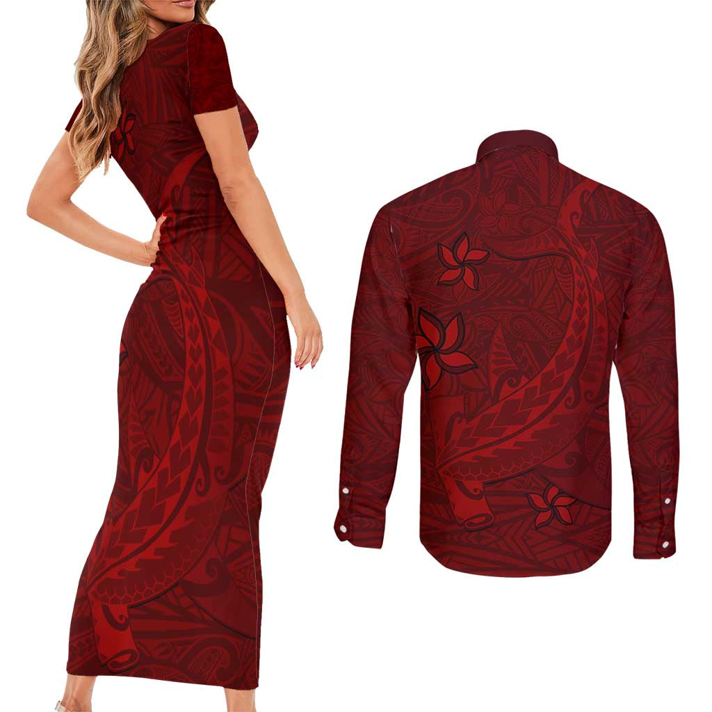 Oxblood Polynesia Couples Matching Short Sleeve Bodycon Dress and Long Sleeve Button Shirt Hawaiian Tribal Hammerhead Shark Tattoo LT14