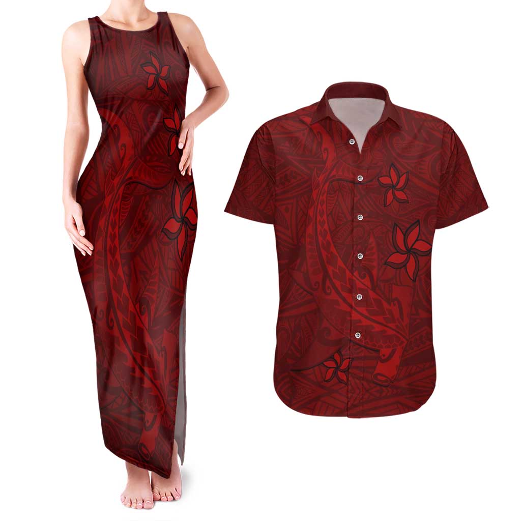 Oxblood Polynesia Couples Matching Tank Maxi Dress and Hawaiian Shirt Hawaiian Tribal Hammerhead Shark Tattoo
