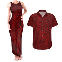 Oxblood Polynesia Couples Matching Tank Maxi Dress and Hawaiian Shirt Hawaiian Tribal Hammerhead Shark Tattoo