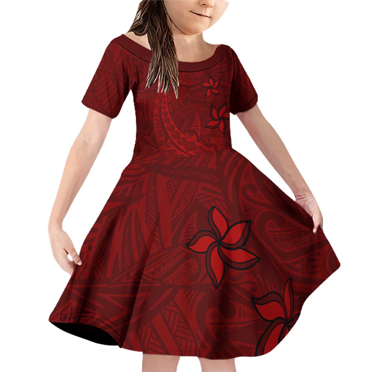 Oxblood Polynesia Family Matching Off Shoulder Short Dress and Hawaiian Shirt Hawaiian Tribal Hammerhead Shark Tattoo LT14 Daughter's Dress Oxblood - Polynesian Pride