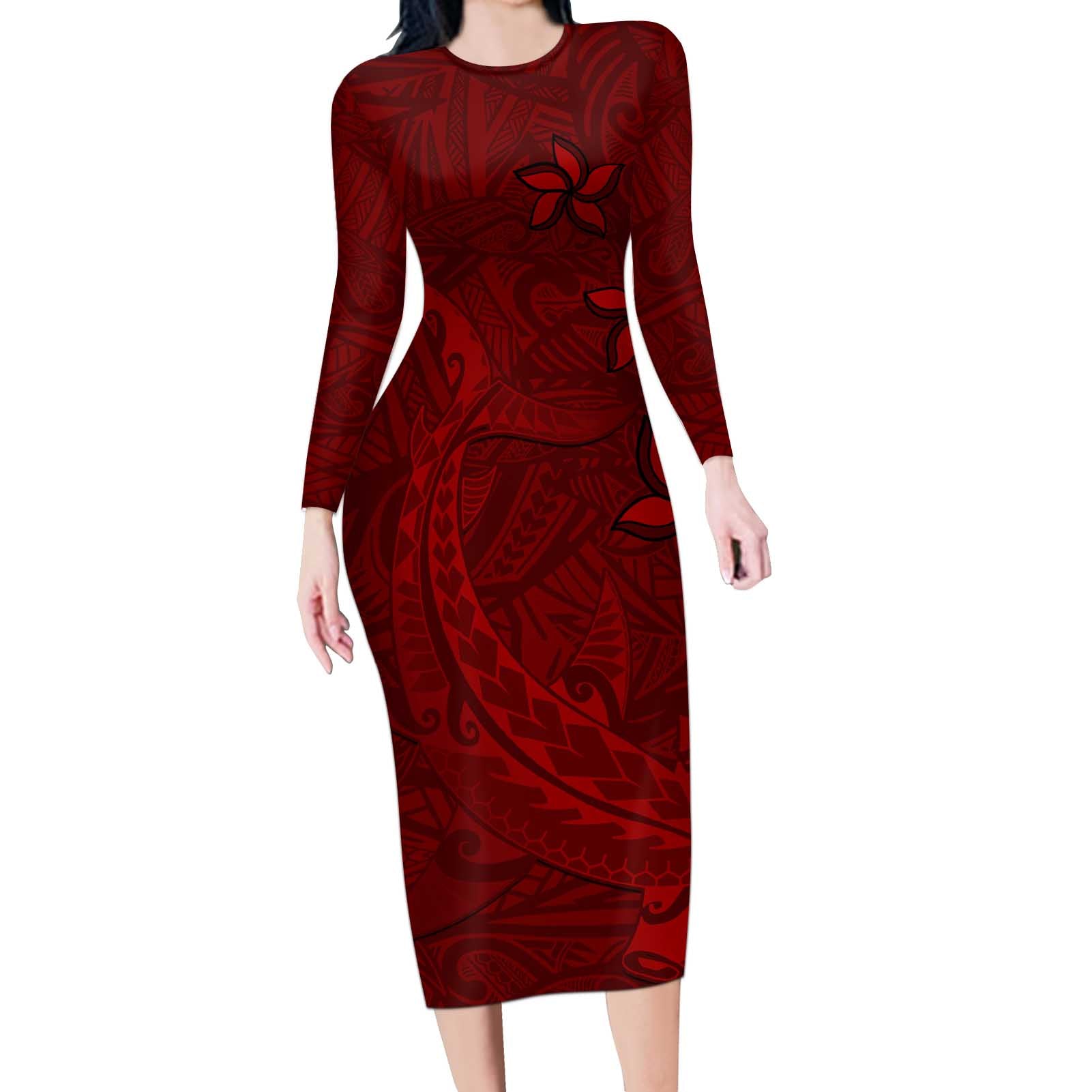 Oxblood Polynesia Long Sleeve Bodycon Dress Hawaiian Tribal Hammerhead Shark Tattoo