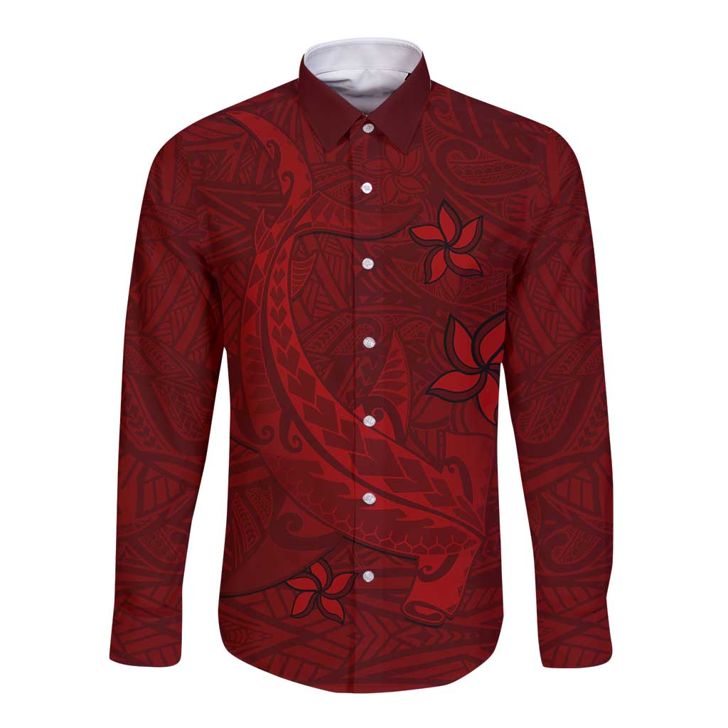 Oxblood Polynesia Long Sleeve Button Shirt Hawaiian Tribal Hammerhead Shark Tattoo