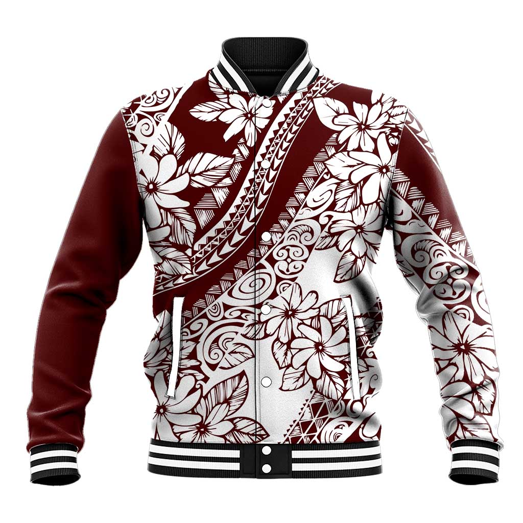 Polynesian Tropical Flowers Oxblood Color Baseball Jacket