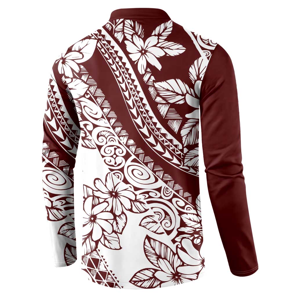 Polynesian Tropical Flowers Oxblood Color Button Sweatshirt