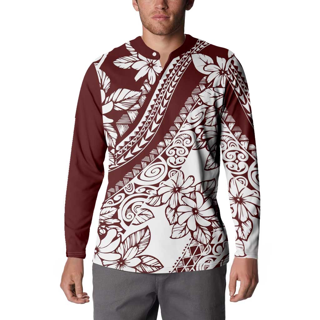 Polynesian Tropical Flowers Oxblood Color Button Sweatshirt