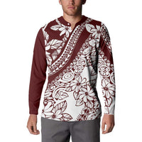 Polynesian Tropical Flowers Oxblood Color Button Sweatshirt