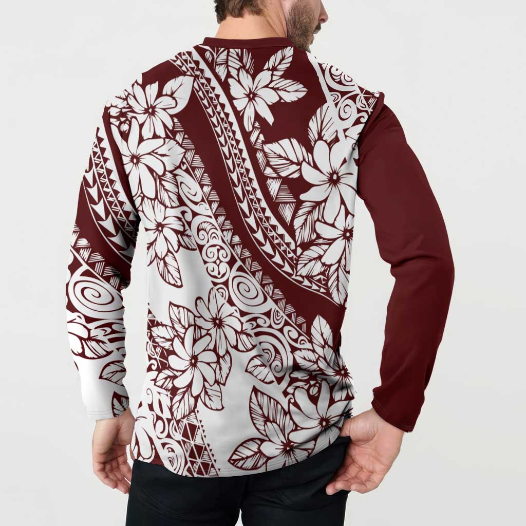 Polynesian Tropical Flowers Oxblood Color Button Sweatshirt