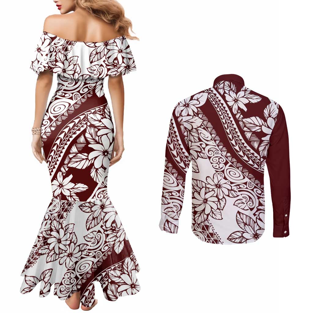 Polynesian Tropical Flowers Oxblood Color Couples Matching Mermaid Dress and Long Sleeve Button Shirt