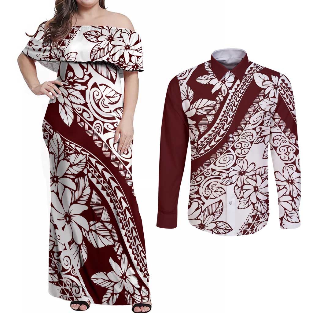 Polynesian Tropical Flowers Oxblood Color Couples Matching Off Shoulder Maxi Dress and Long Sleeve Button Shirt