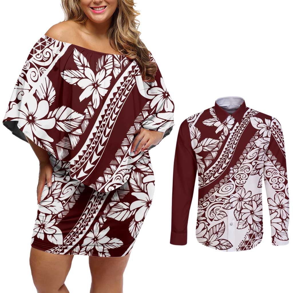 Polynesian Tropical Flowers Oxblood Color Couples Matching Off Shoulder Short Dress and Long Sleeve Button Shirt