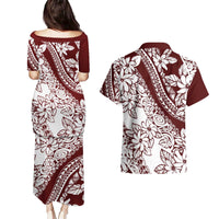 Polynesian Tropical Flowers Oxblood Color Couples Matching Puletasi and Hawaiian Shirt