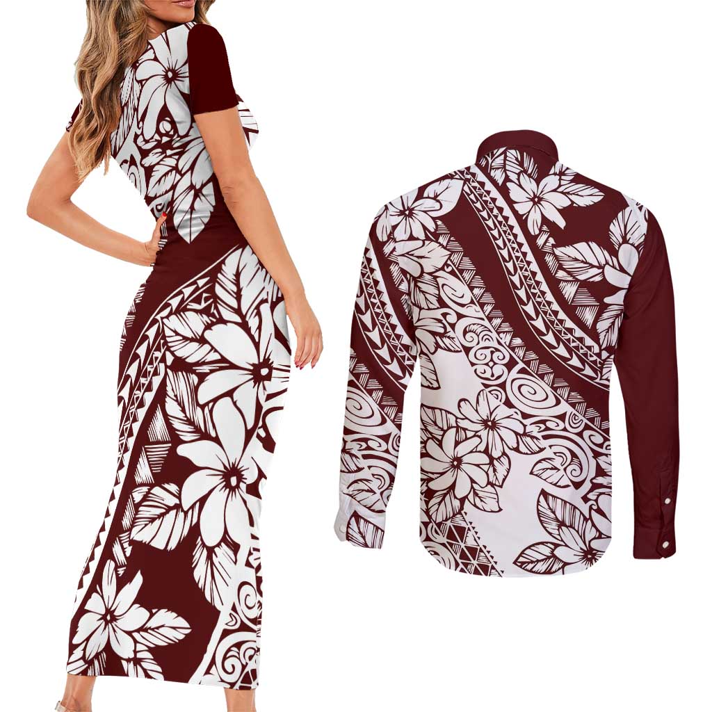 Polynesian Tropical Flowers Oxblood Color Couples Matching Short Sleeve Bodycon Dress and Long Sleeve Button Shirt