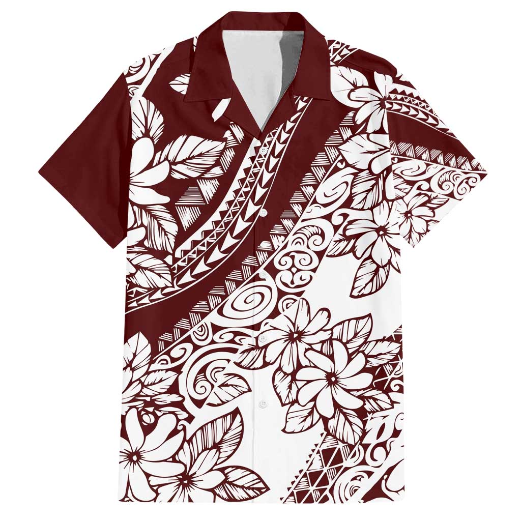 Polynesian Tropical Flowers Oxblood Color Family Matching Long Sleeve Bodycon Dress and Hawaiian Shirt