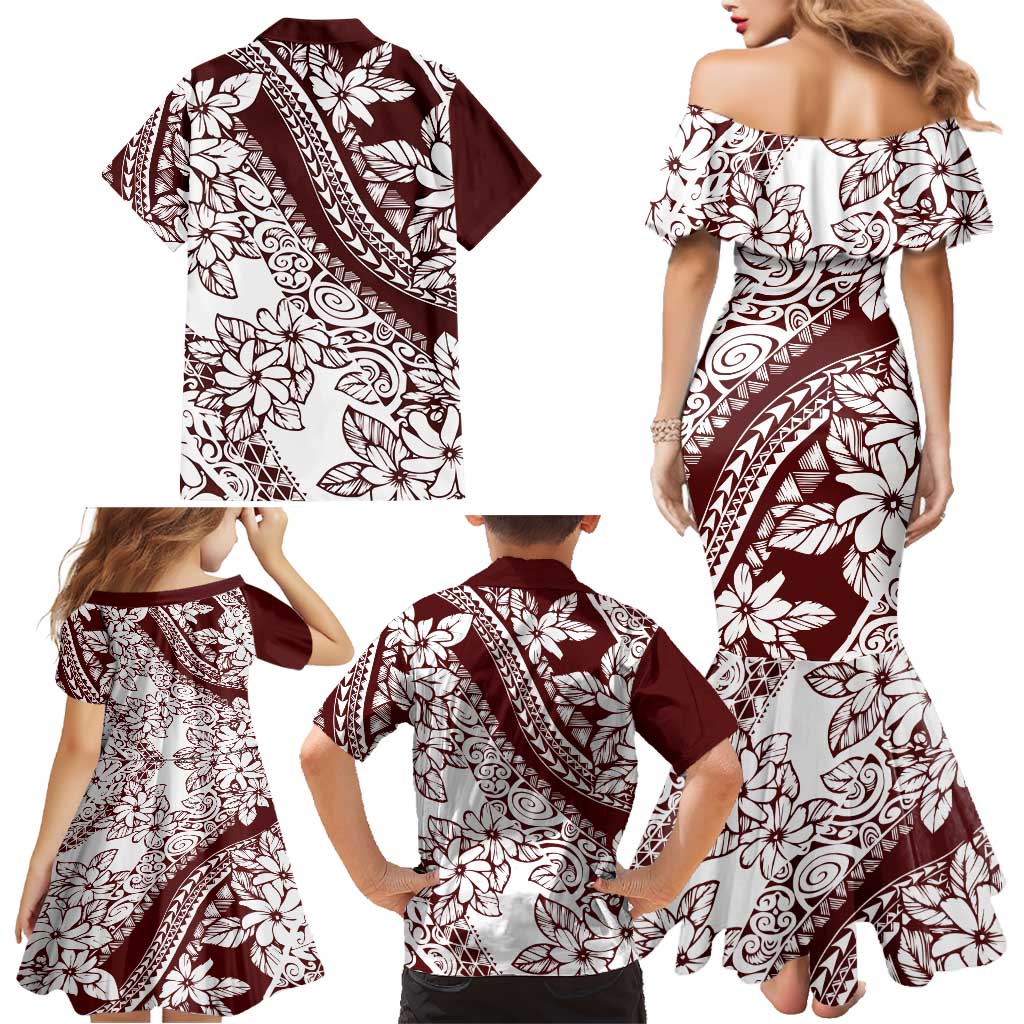 Polynesian Tropical Flowers Oxblood Color Family Matching Mermaid Dress and Hawaiian Shirt