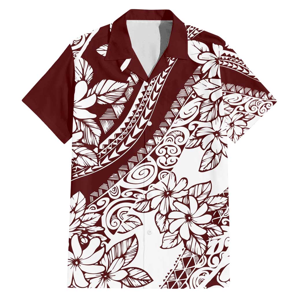 Polynesian Tropical Flowers Oxblood Color Family Matching Mermaid Dress and Hawaiian Shirt