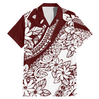 Polynesian Tropical Flowers Oxblood Color Family Matching Mermaid Dress and Hawaiian Shirt