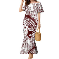 Polynesian Tropical Flowers Oxblood Color Family Matching Mermaid Dress and Hawaiian Shirt