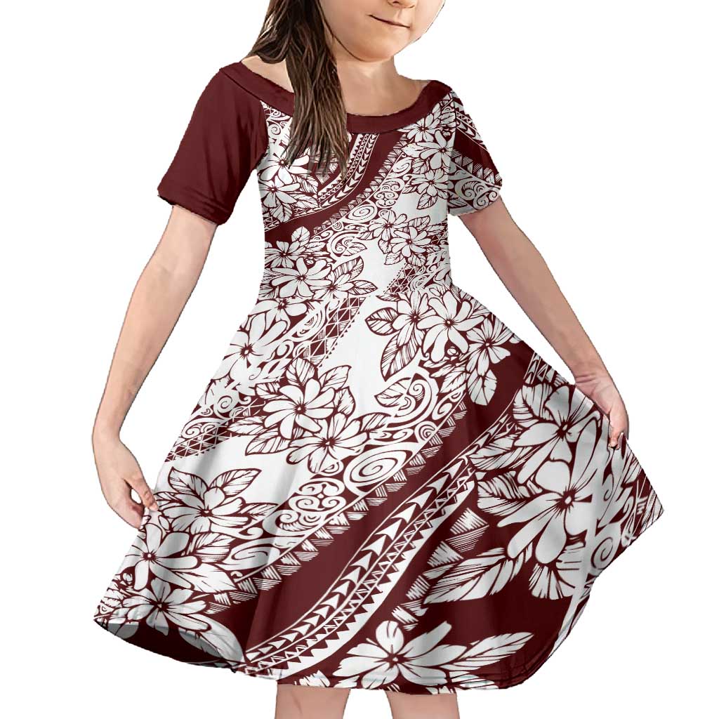 Polynesian Tropical Flowers Oxblood Color Family Matching Summer Maxi Dress and Hawaiian Shirt