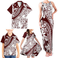 Polynesian Tropical Flowers Oxblood Color Family Matching Tank Maxi Dress and Hawaiian Shirt