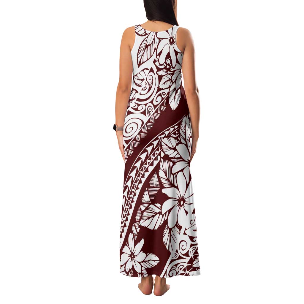 Polynesian Tropical Flowers Oxblood Color Family Matching Tank Maxi Dress and Hawaiian Shirt