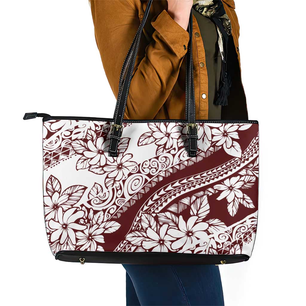 Polynesian Tropical Flowers Oxblood Color Leather Tote Bag LT14 - Polynesian Pride
