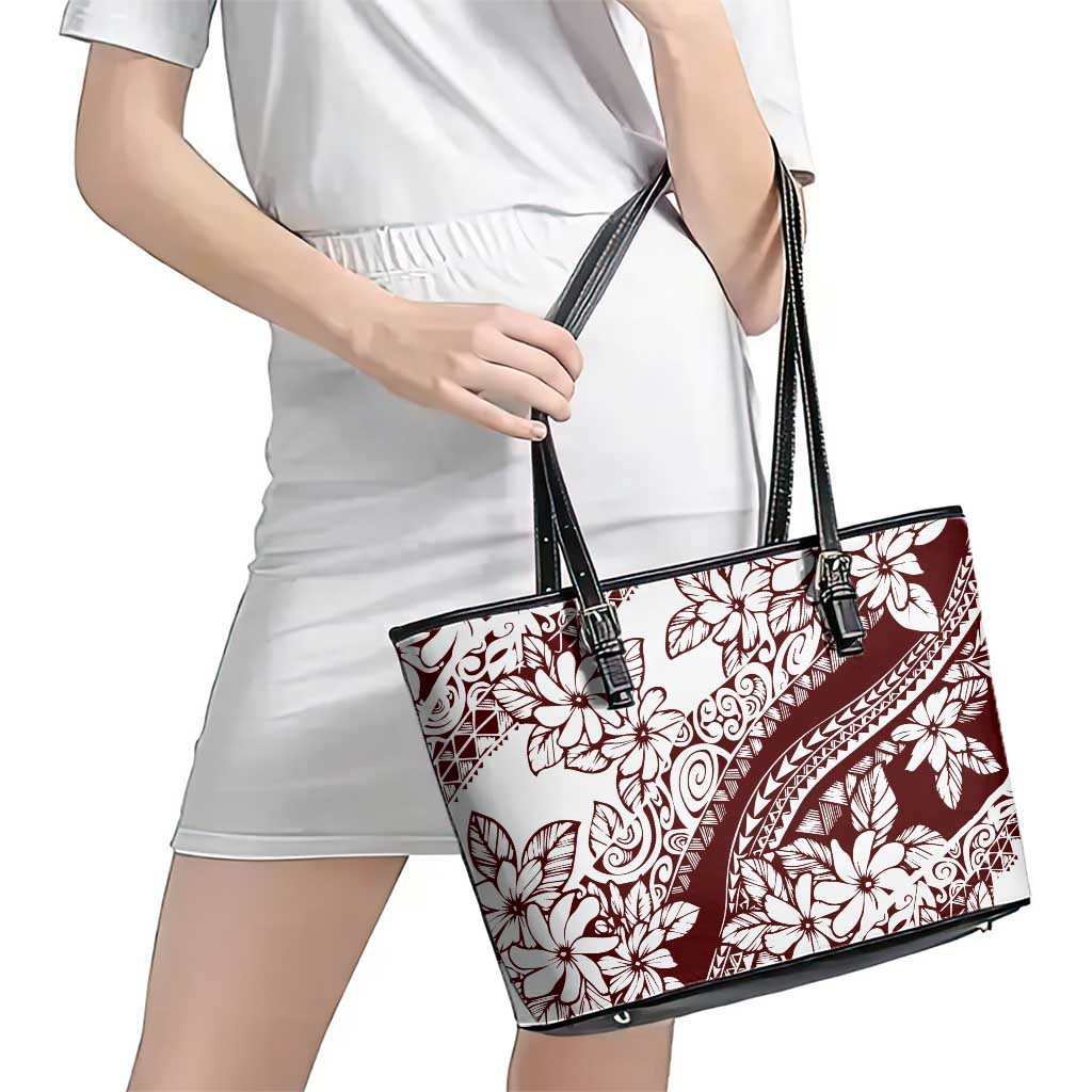 Polynesian Tropical Flowers Oxblood Color Leather Tote Bag LT14 - Polynesian Pride