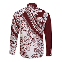 Polynesian Tropical Flowers Oxblood Color Long Sleeve Button Shirt