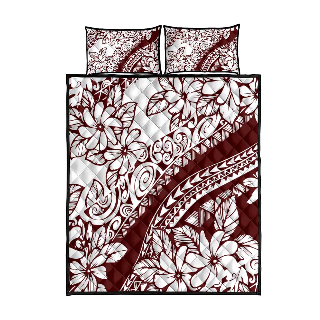 Polynesian Tropical Flowers Oxblood Color Quilt Bed Set
