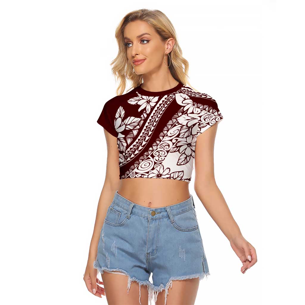 Polynesian Tropical Flowers Oxblood Color Raglan Cropped T Shirt LT14 Female Oxblood - Polynesian Pride