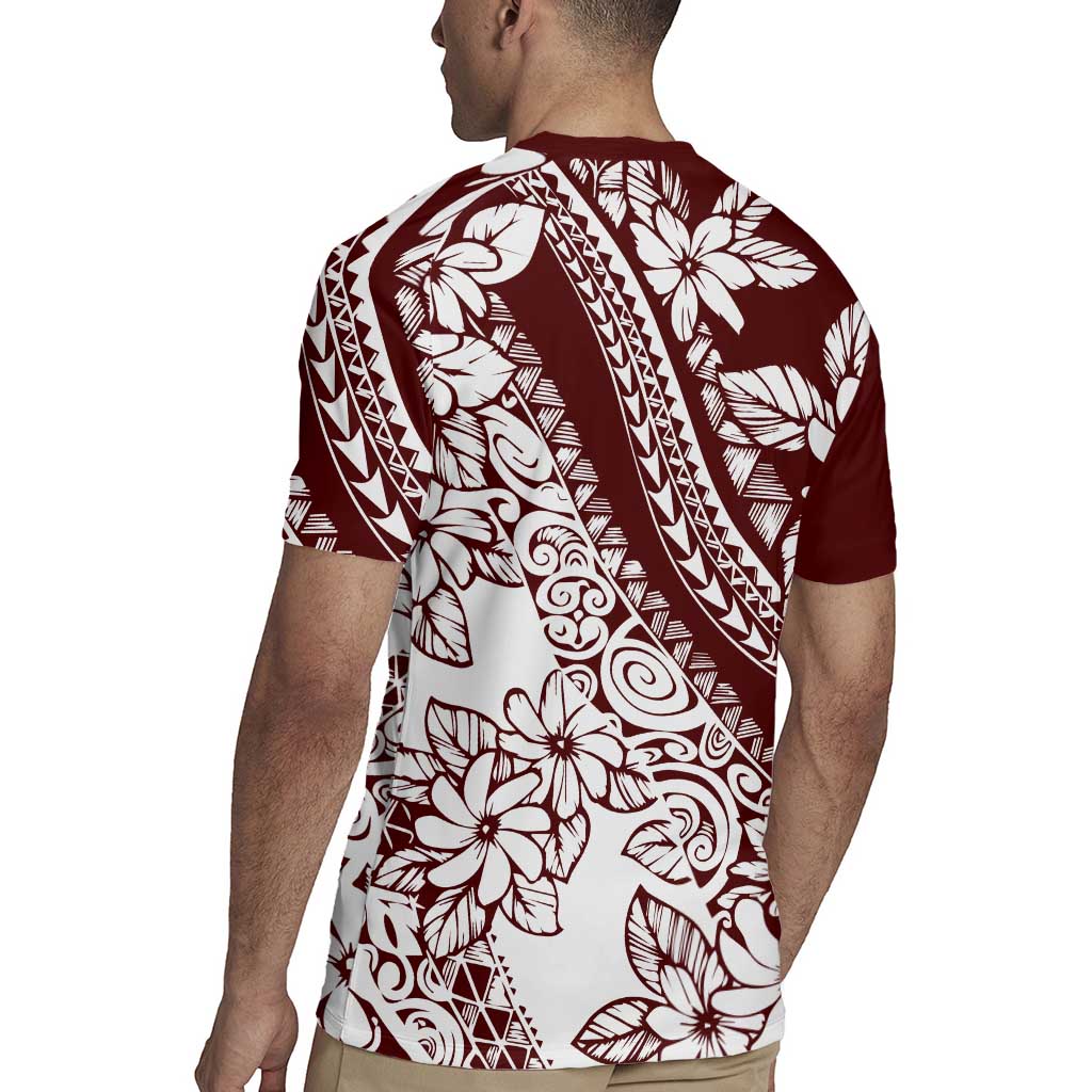 Polynesian Tropical Flowers Oxblood Color Rugby Jersey