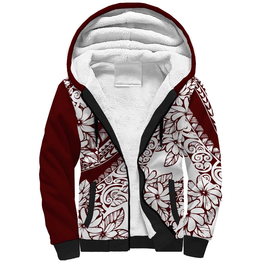 Polynesian Tropical Flowers Oxblood Color Sherpa Hoodie