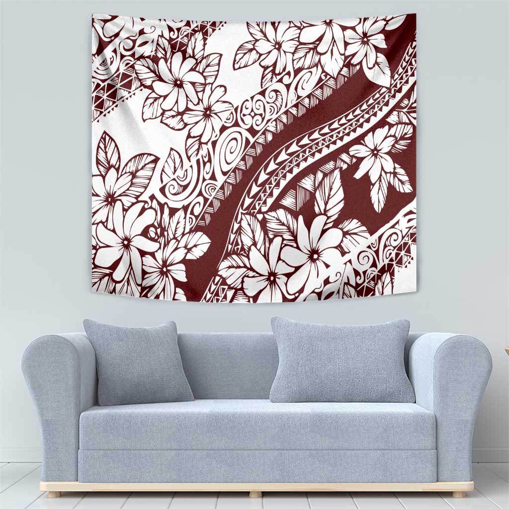 Polynesian Tropical Flowers Oxblood Color Tapestry
