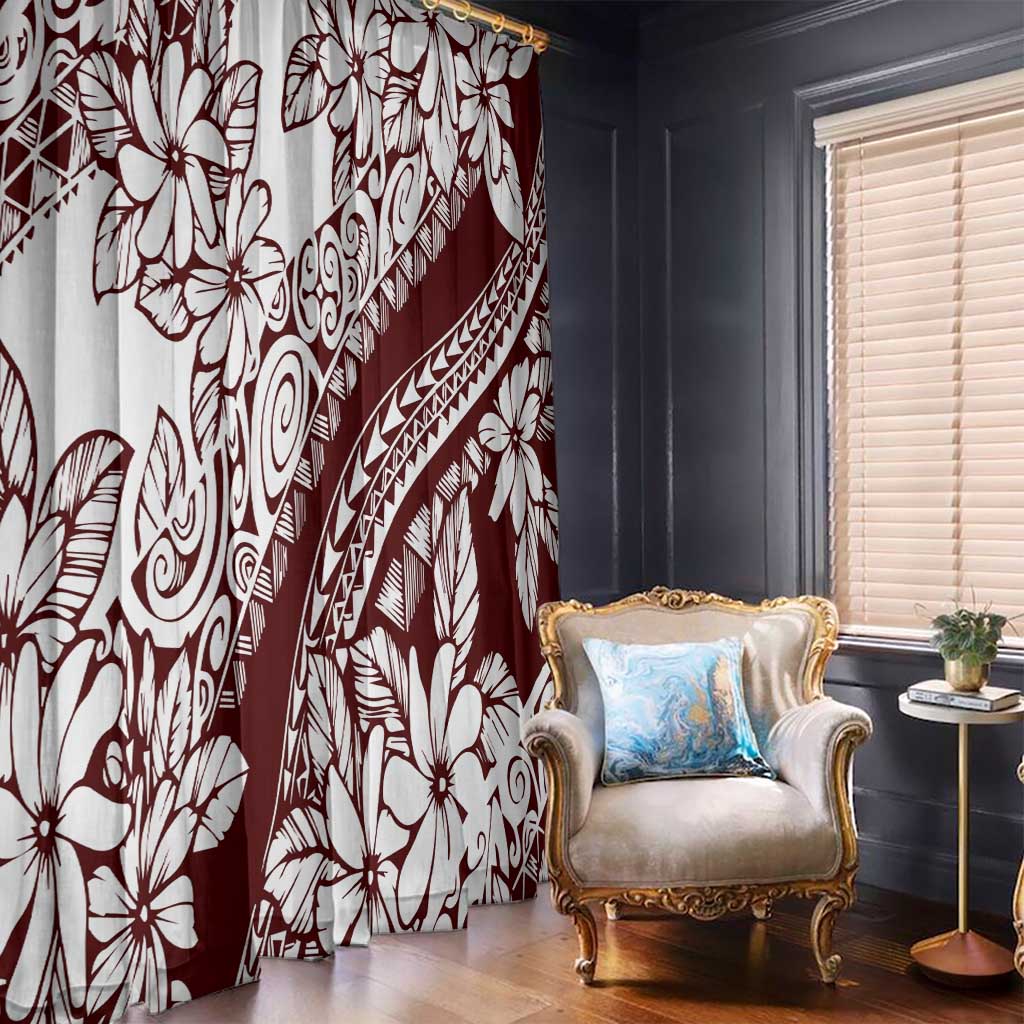 Polynesian Tropical Flowers Oxblood Color Window Curtain