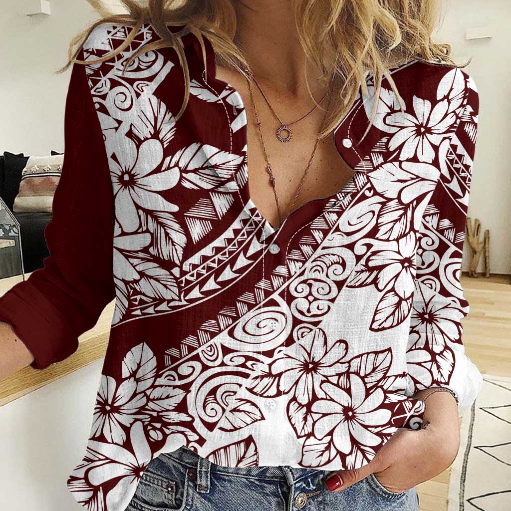 Polynesian Tropical Flowers Oxblood Color Women Casual Shirt LT14 Female Oxblood - Polynesian Pride