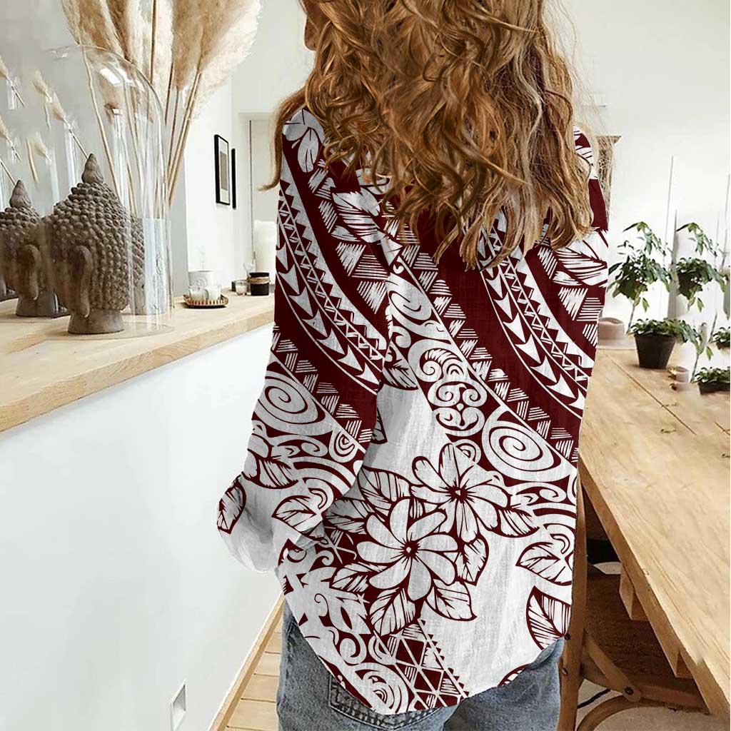 Polynesian Tropical Flowers Oxblood Color Women Casual Shirt LT14 - Polynesian Pride