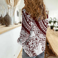 Polynesian Tropical Flowers Oxblood Color Women Casual Shirt LT14 - Polynesian Pride