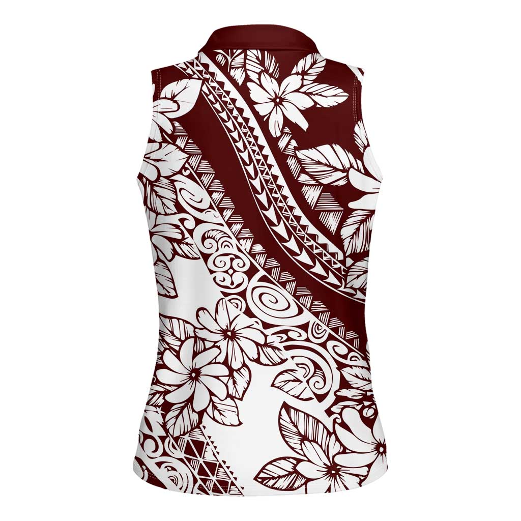 Polynesian Tropical Flowers Oxblood Color Women Sleeveless Polo Shirt LT14 - Polynesian Pride