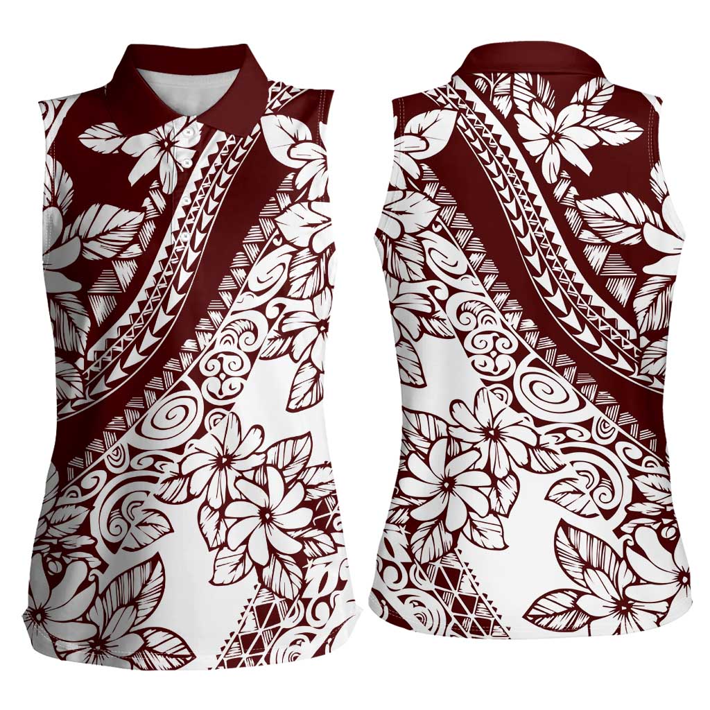 Polynesian Tropical Flowers Oxblood Color Women Sleeveless Polo Shirt LT14 - Polynesian Pride