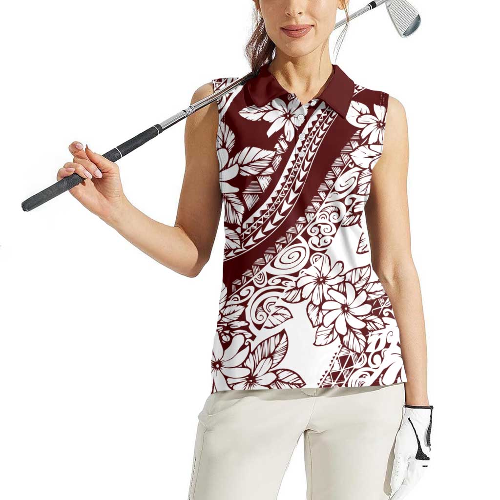 Polynesian Tropical Flowers Oxblood Color Women Sleeveless Polo Shirt LT14 - Polynesian Pride