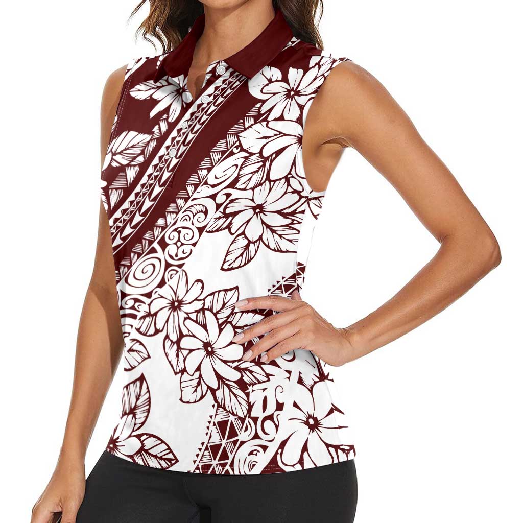Polynesian Tropical Flowers Oxblood Color Women Sleeveless Polo Shirt LT14 - Polynesian Pride