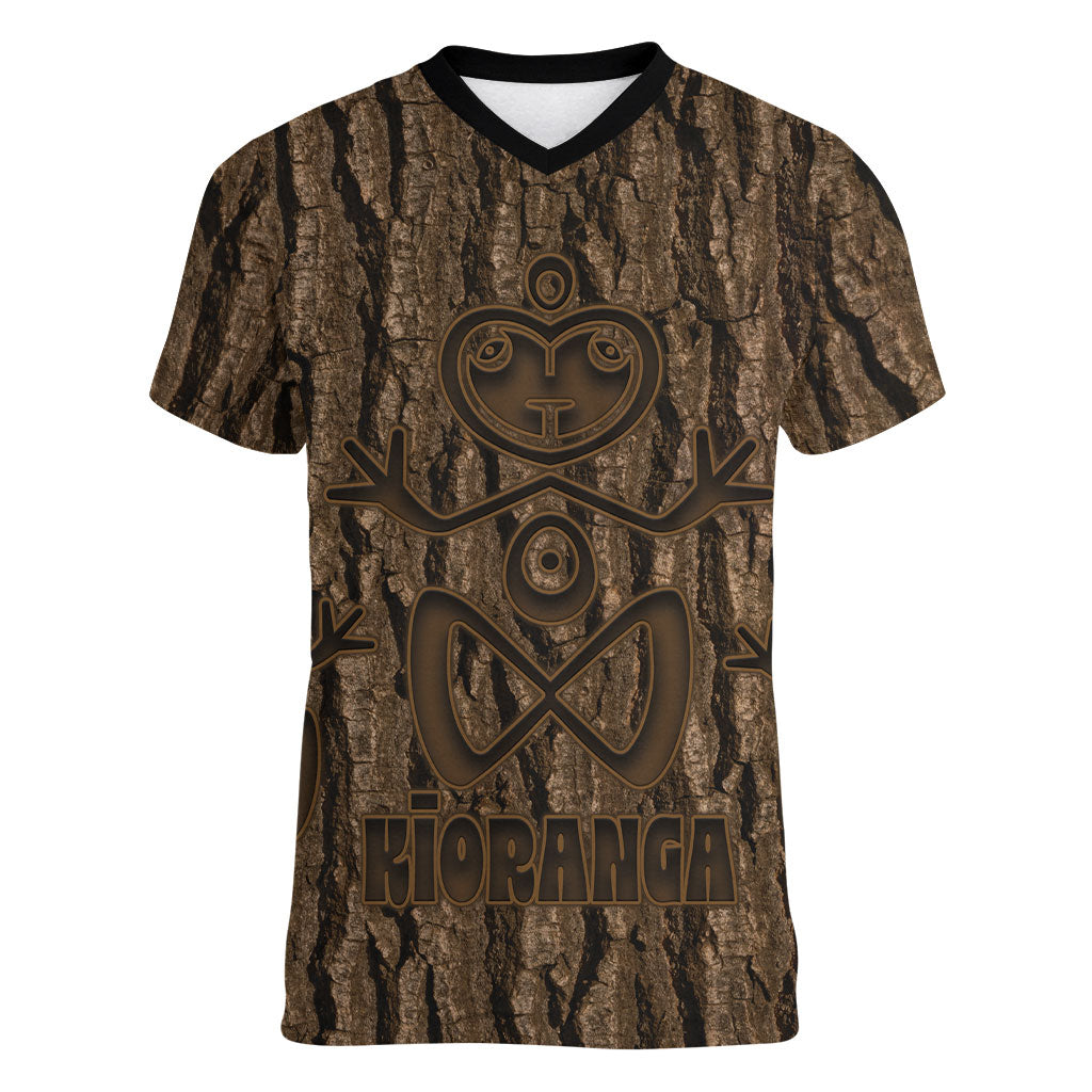 Kioranga Moriori New Zealand Women V-Neck T-Shirt Kopi Rakau Carving Art LT14 Female Brown - Polynesian Pride