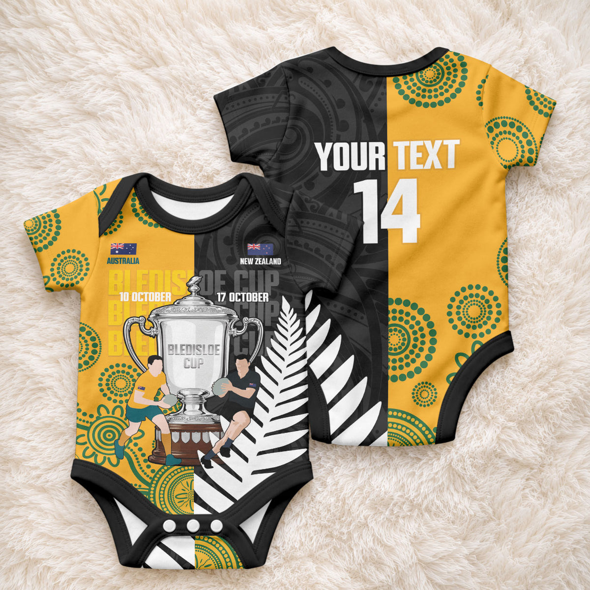 New Zealand Australia Rugby Bledisloe 2026 Custom Baby Onesie Champion Trophy Maori Aboriginal Art