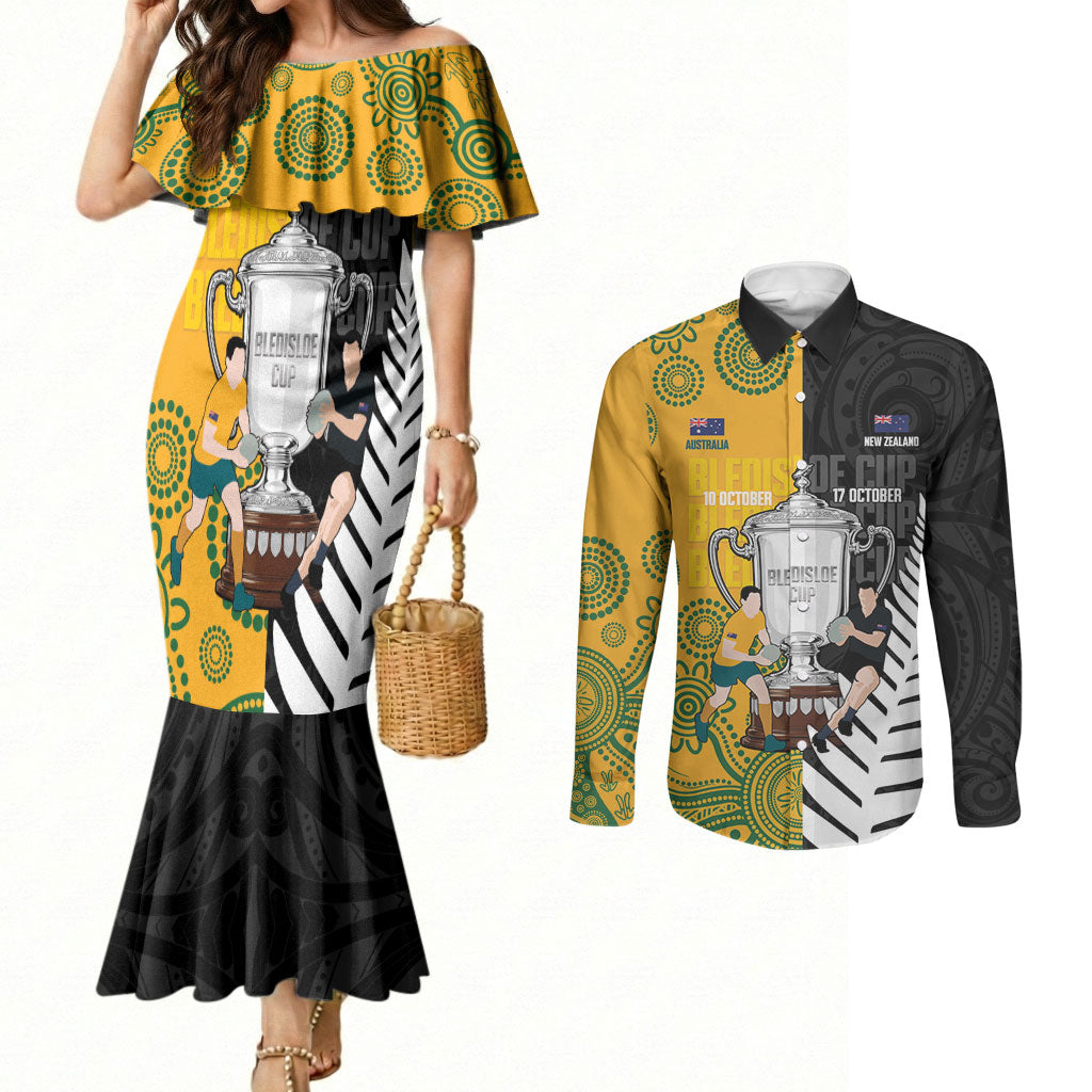 New Zealand Australia Rugby Bledisloe 2026 Custom Couples Matching Mermaid Dress and Long Sleeve Button Shirt Champion Trophy Maori Aboriginal Art LT14 Multicolor - Polynesian Pride